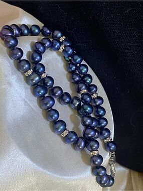 Vintage 925 Genuine Peacock Blue Cultured Pearl Rondelle spacer Necklace